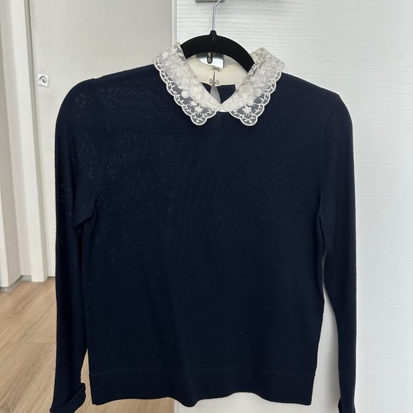 Club Monaco Kalani Navy Wool Sweater with White Collar - Picture 2 of 7